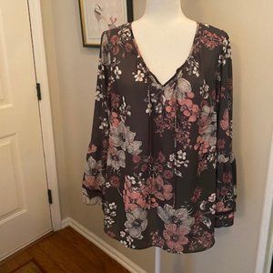 Style & Co - Gray and Pink Print Long Sleeved Peasant Top - Size 1X